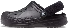 Crocs Unisex-Adult Baya Lined Fuzz Strap Clogs, Black/Black, 11 US