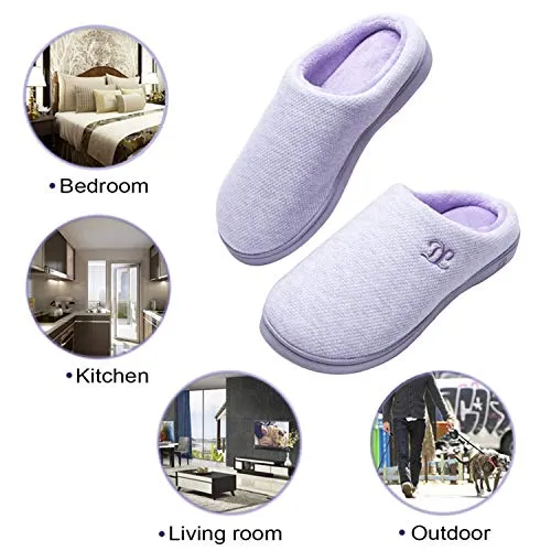 DL Womens-Memory-Foam-Slippers, Slip on House Slippers for Women Indoor Outdoor, Women's Bedroom Slippers Non-Slip Hard Sole, Warm Soft Flannel Lining Woman Slippers Purple, Large US 9-10