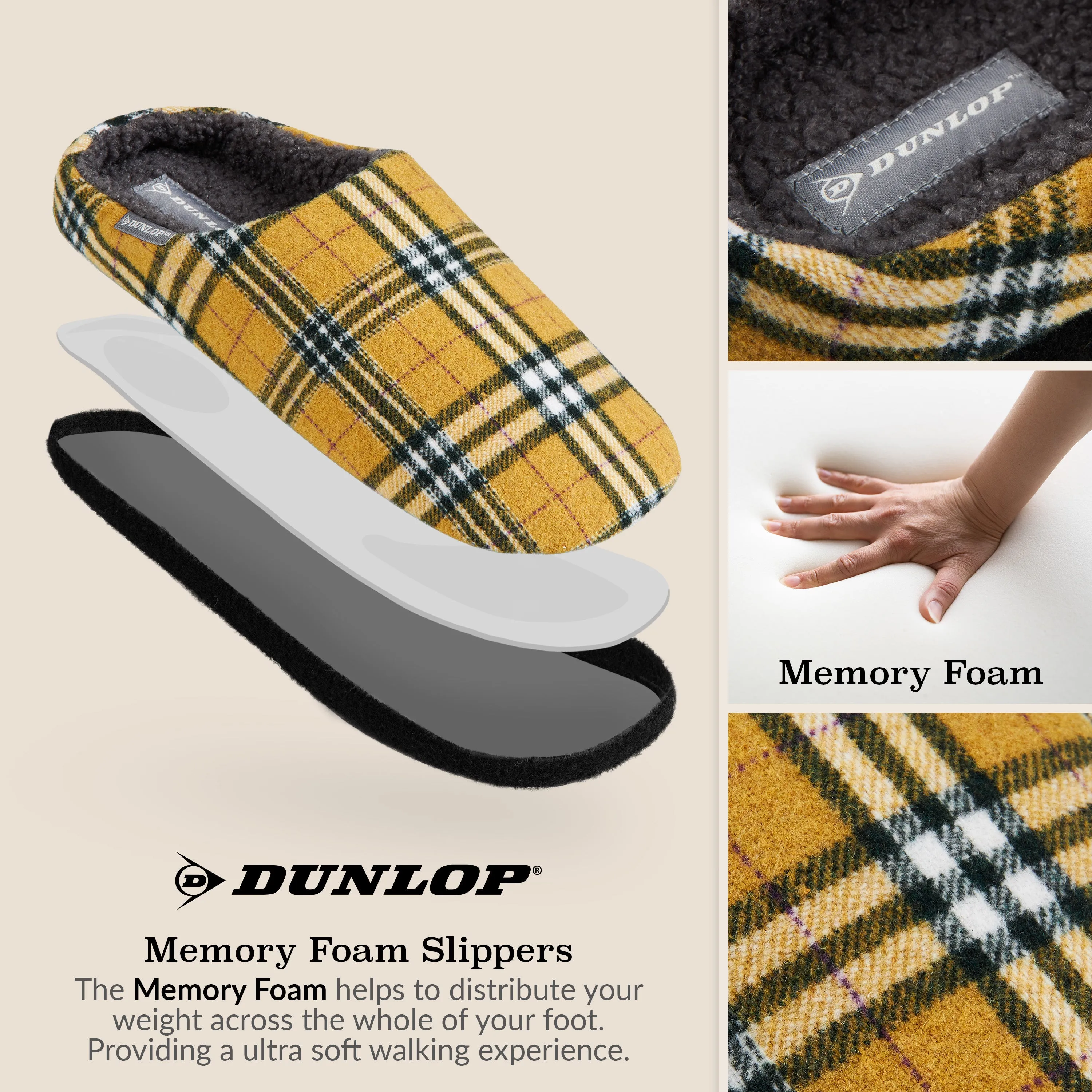 Dunlop Mens,Comfy Memory Foam Slippers,Warm Faux Sheepskin Anti Slip House Shoes