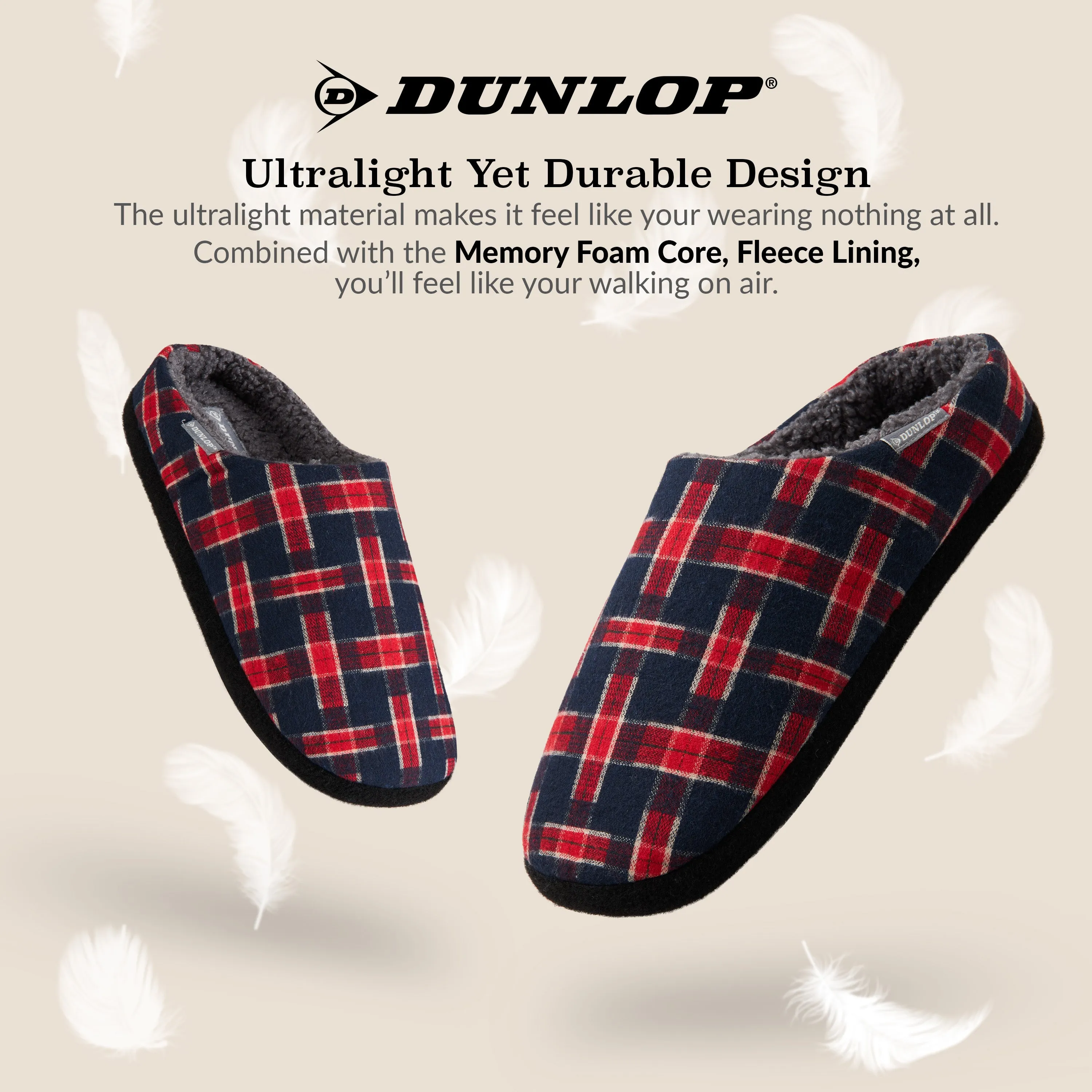 Dunlop Mens,Comfy Memory Foam Slippers,Warm Faux Sheepskin Anti Slip House Shoes