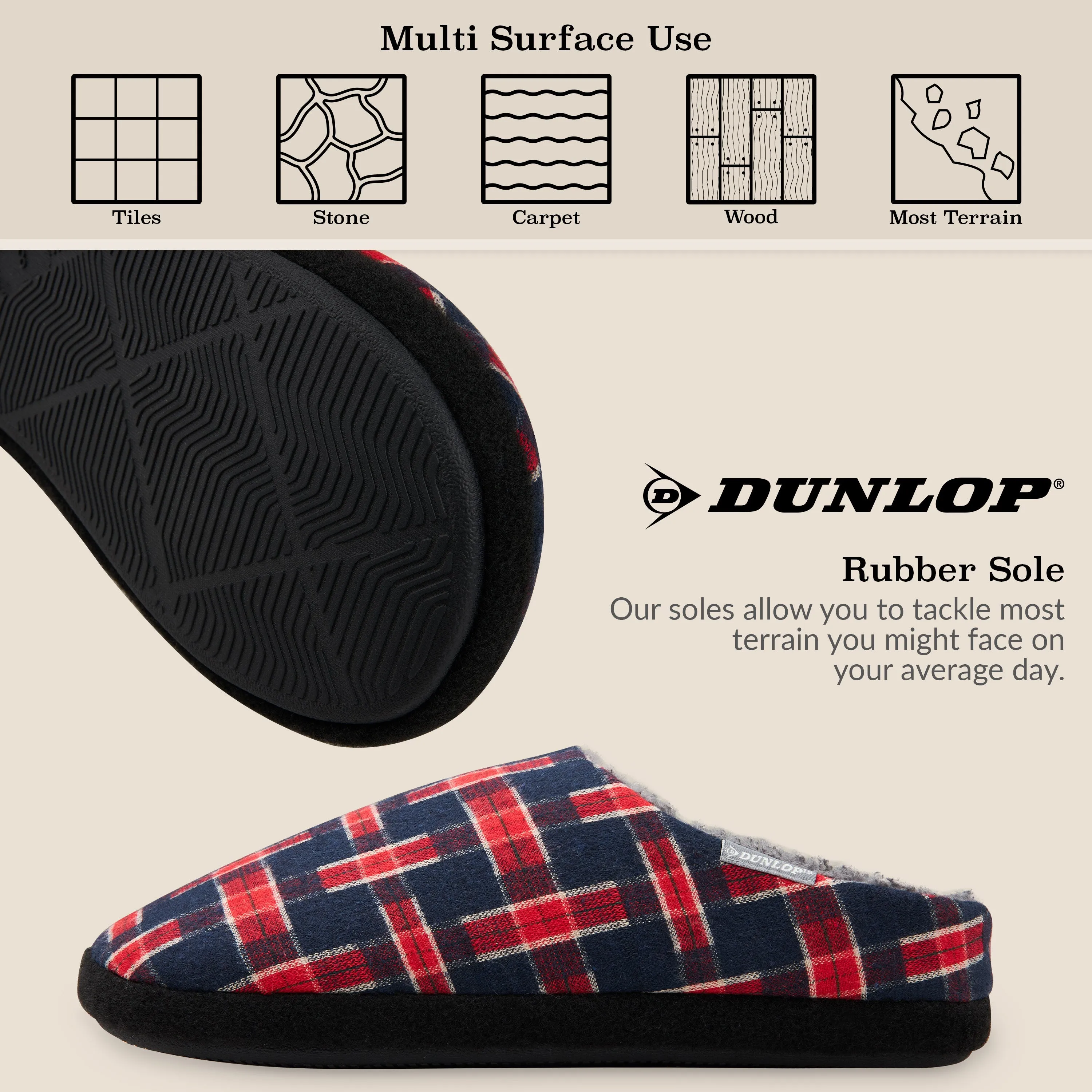 Dunlop Mens,Comfy Memory Foam Slippers,Warm Faux Sheepskin Anti Slip House Shoes
