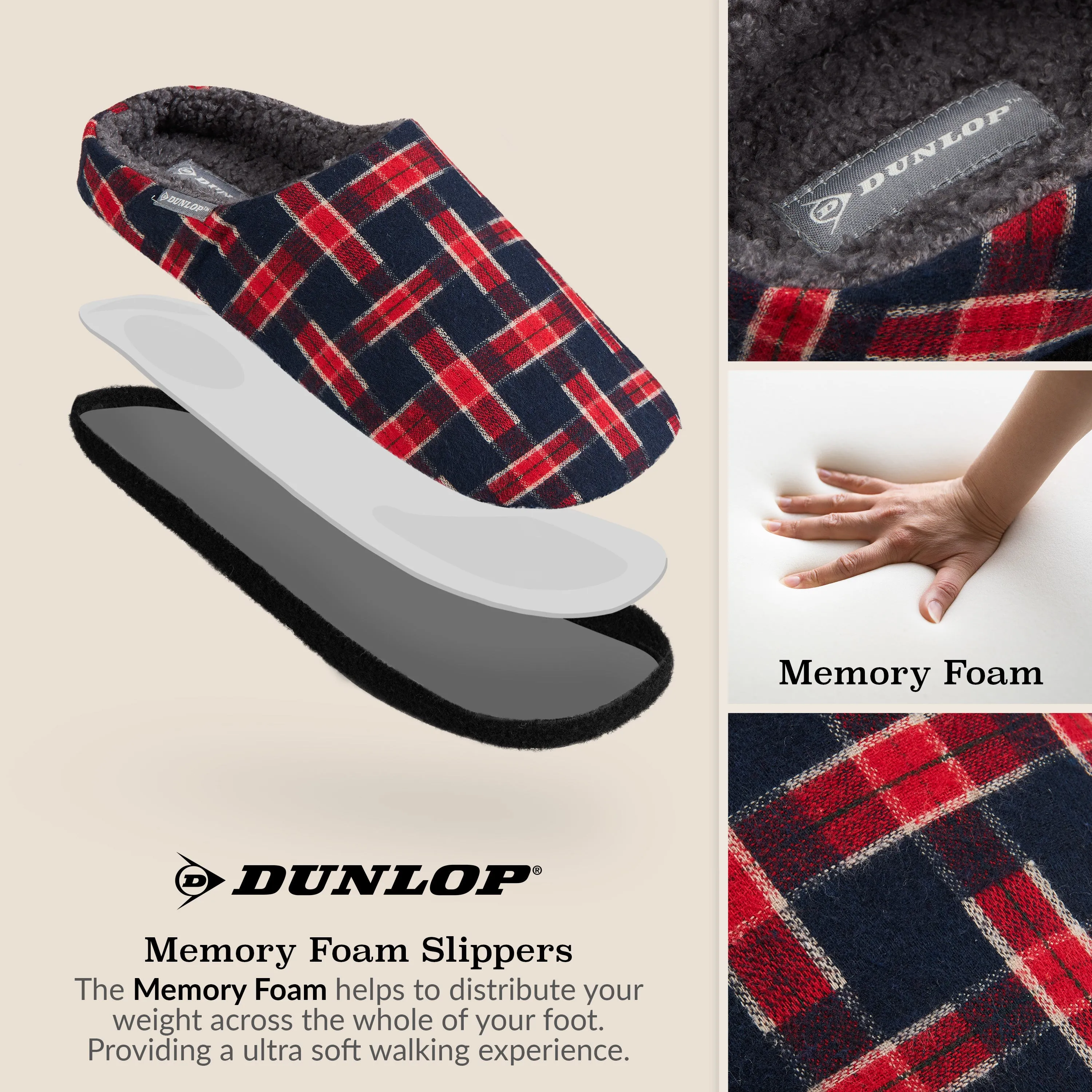 Dunlop Mens,Comfy Memory Foam Slippers,Warm Faux Sheepskin Anti Slip House Shoes