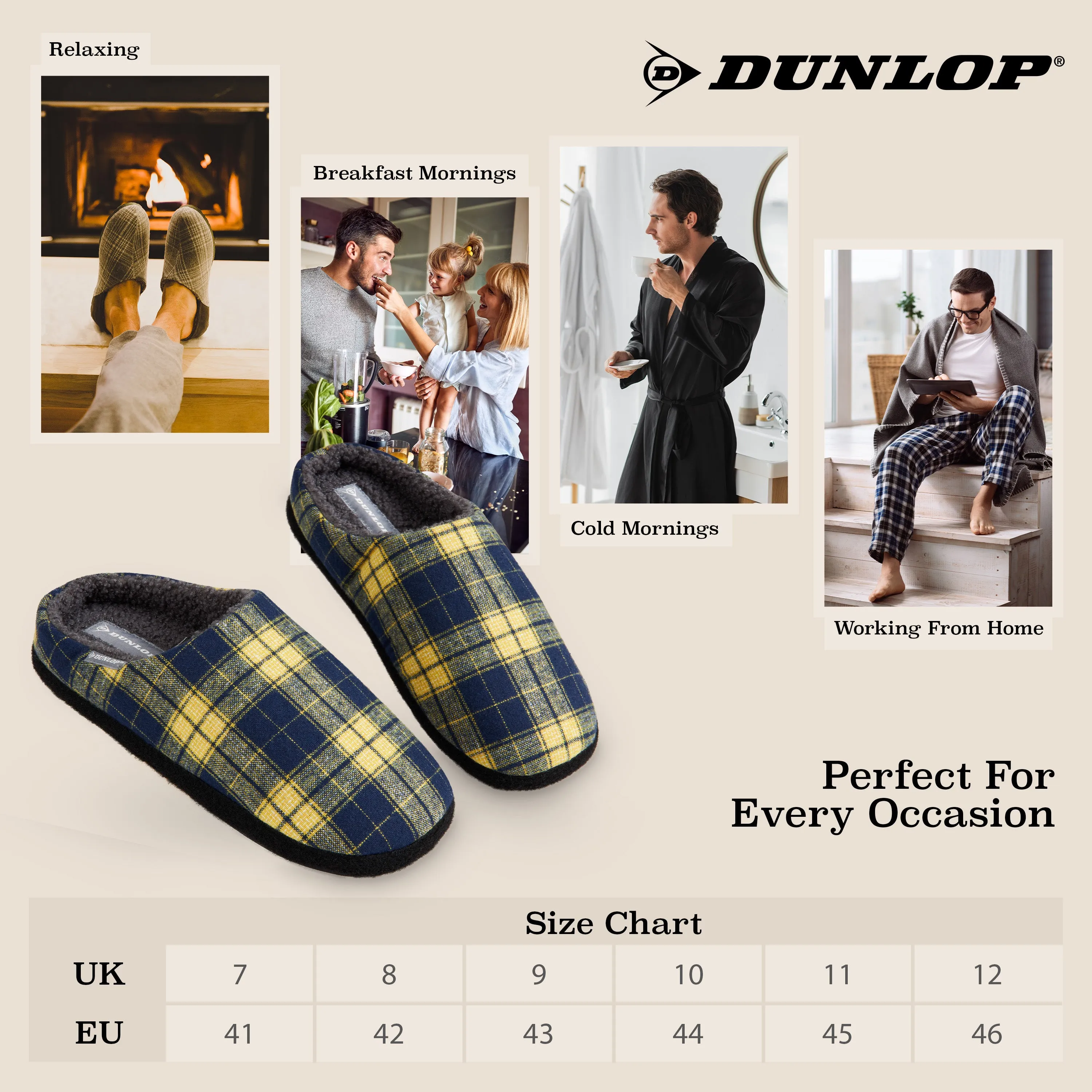 Dunlop Mens,Comfy Memory Foam Slippers,Warm Faux Sheepskin Anti Slip House Shoes