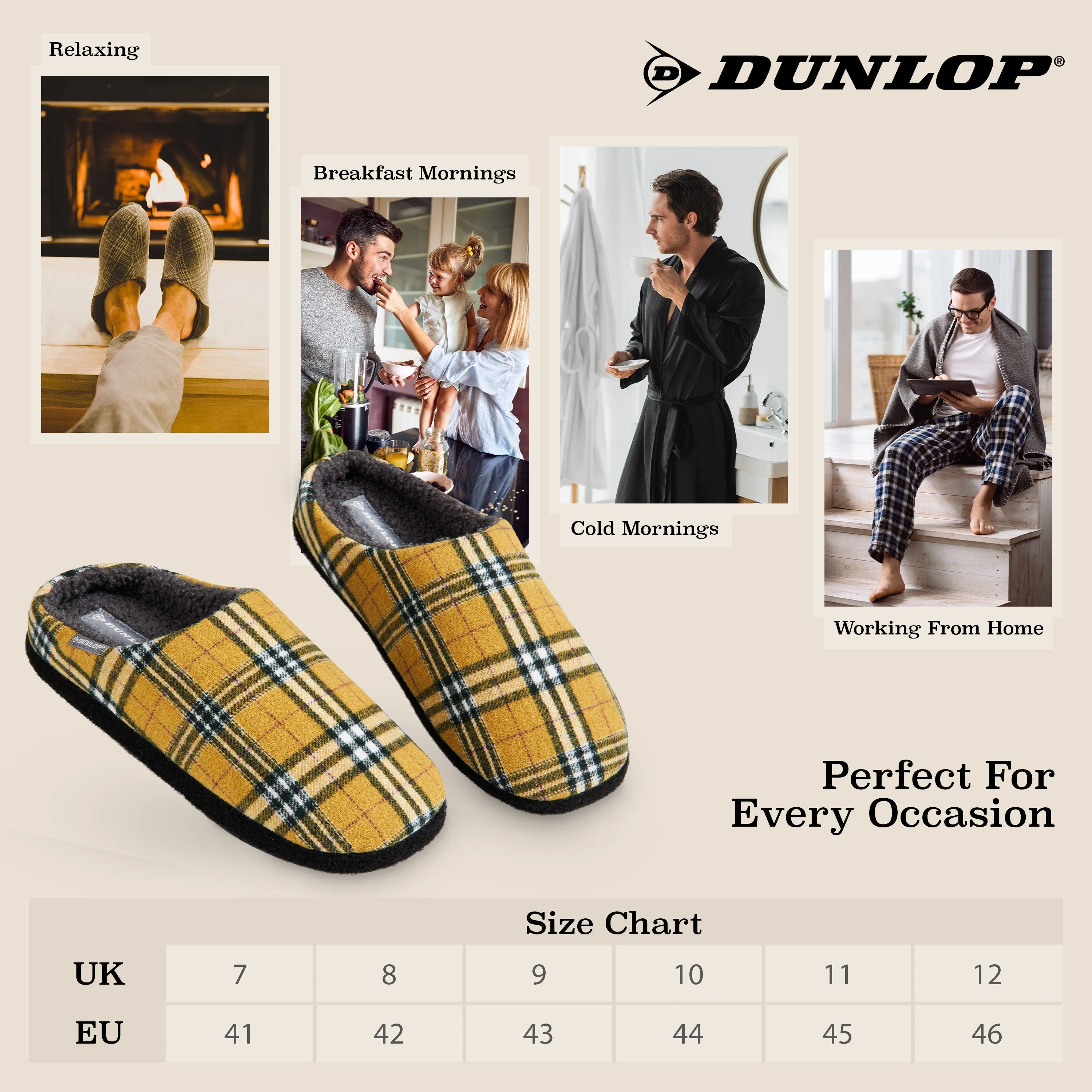 Dunlop Mens,Comfy Memory Foam Slippers,Warm Faux Sheepskin Anti Slip House Shoes