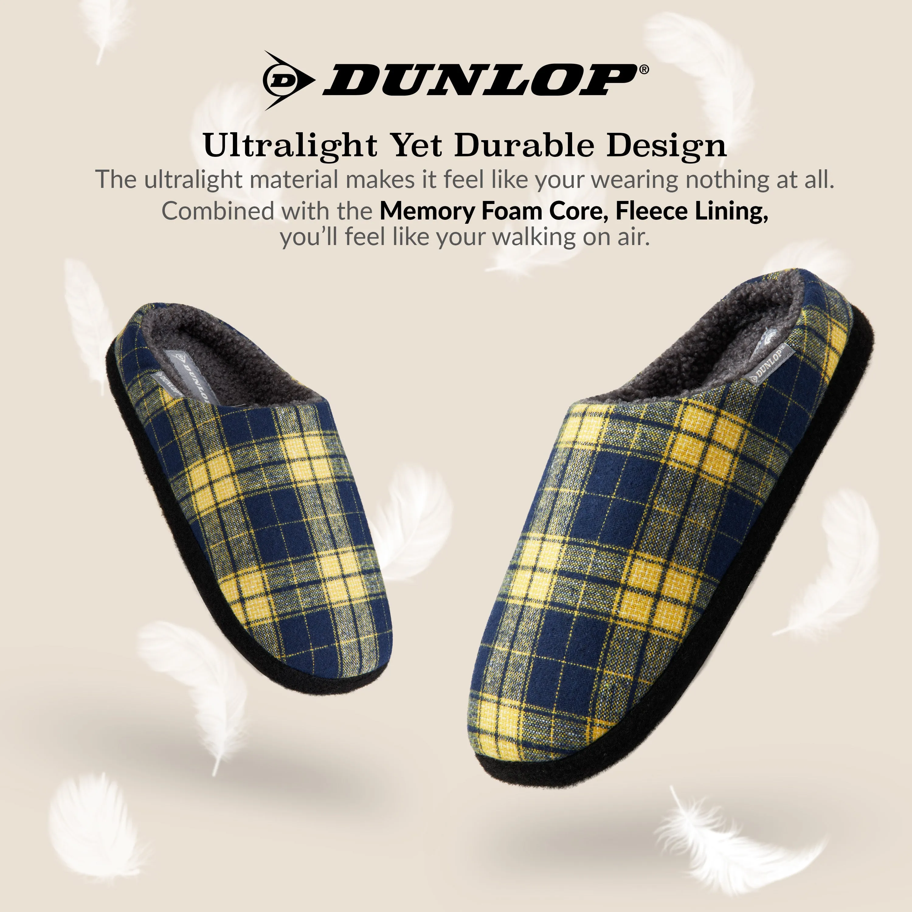 Dunlop Mens,Comfy Memory Foam Slippers,Warm Faux Sheepskin Anti Slip House Shoes