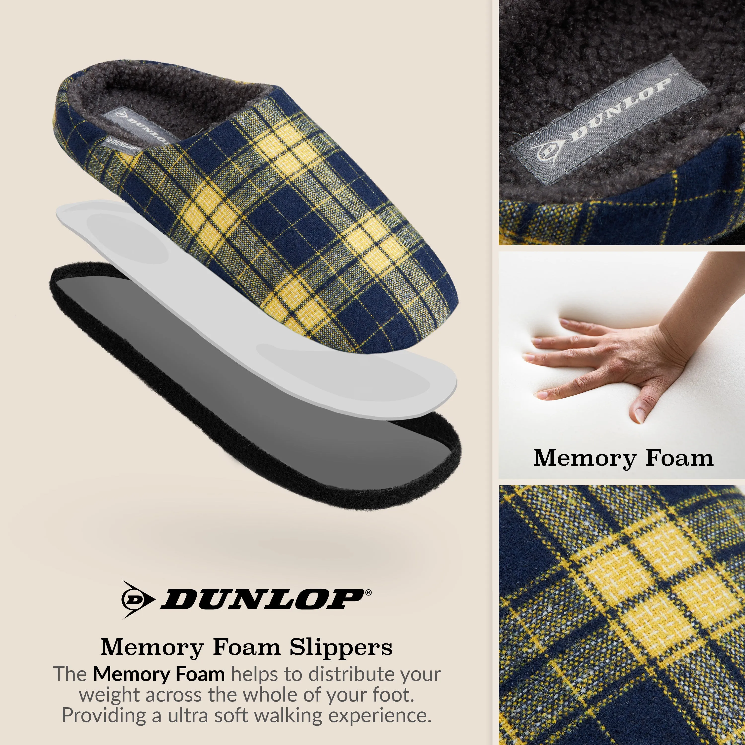 Dunlop Mens,Comfy Memory Foam Slippers,Warm Faux Sheepskin Anti Slip House Shoes