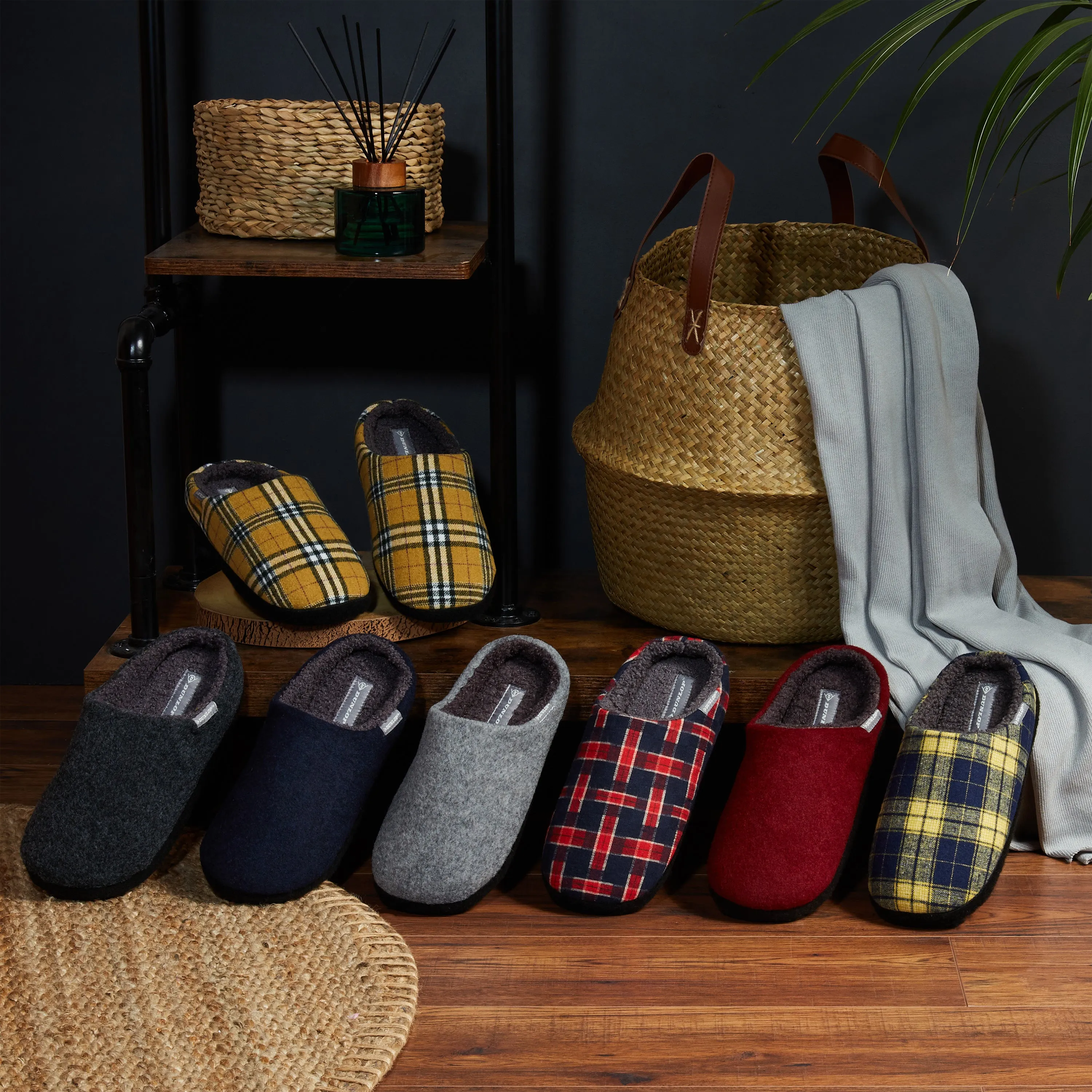 Dunlop Mens,Comfy Memory Foam Slippers,Warm Faux Sheepskin Anti Slip House Shoes