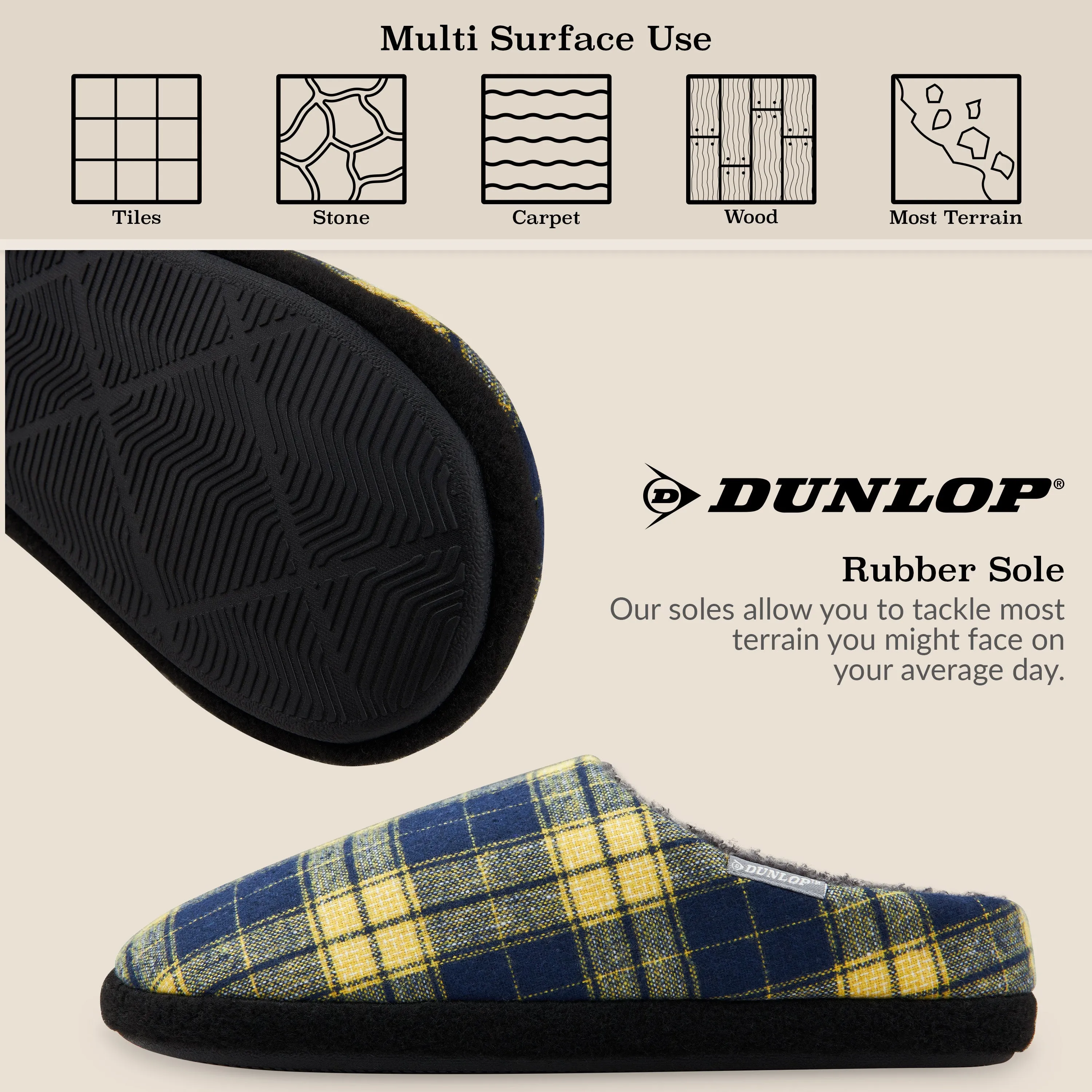 Dunlop Mens,Comfy Memory Foam Slippers,Warm Faux Sheepskin Anti Slip House Shoes