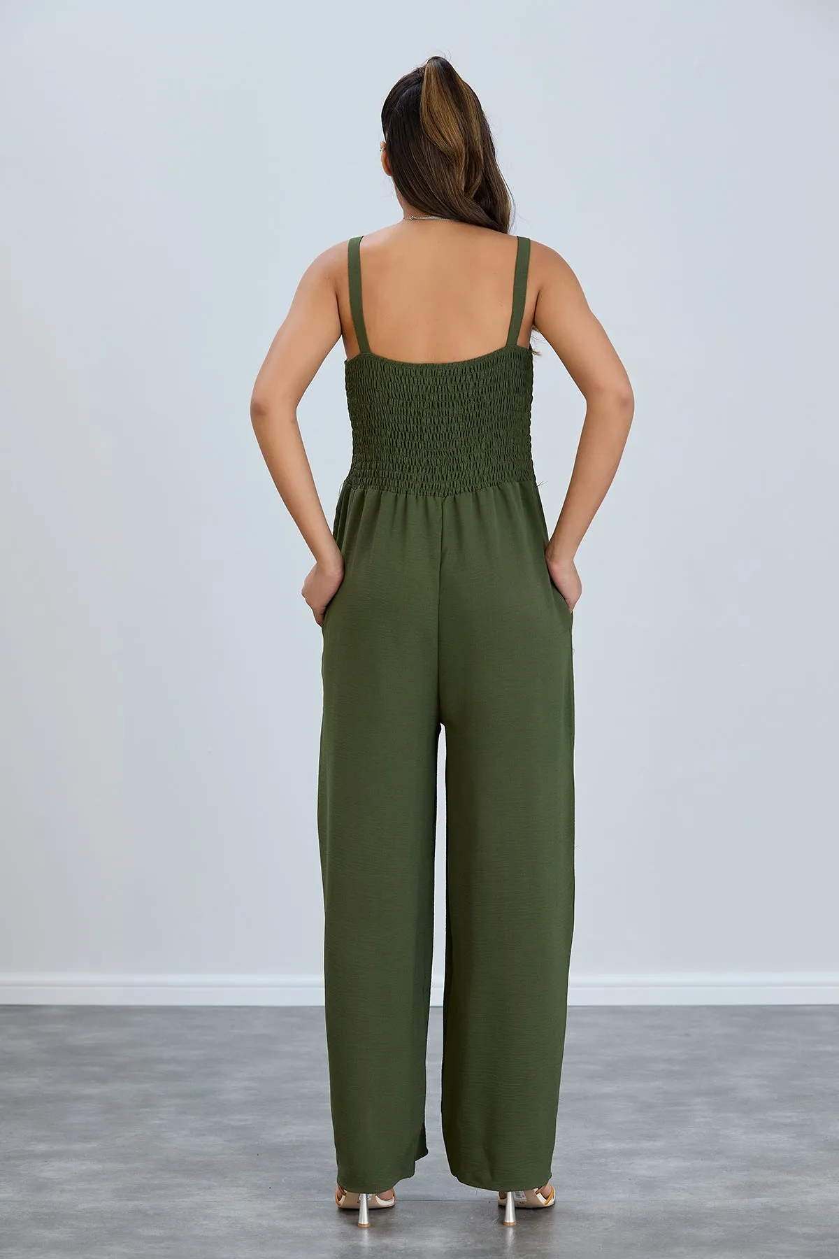 Elasticated Wide Leg Cami Jumpsuit in Khaki