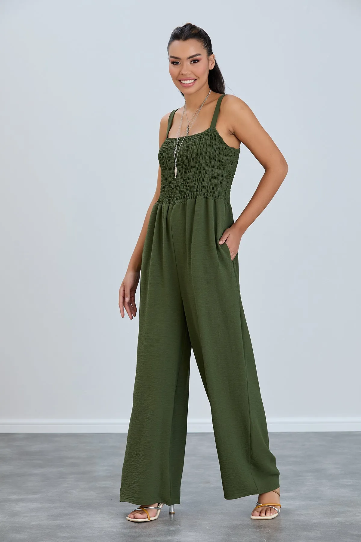 Elasticated Wide Leg Cami Jumpsuit in Khaki