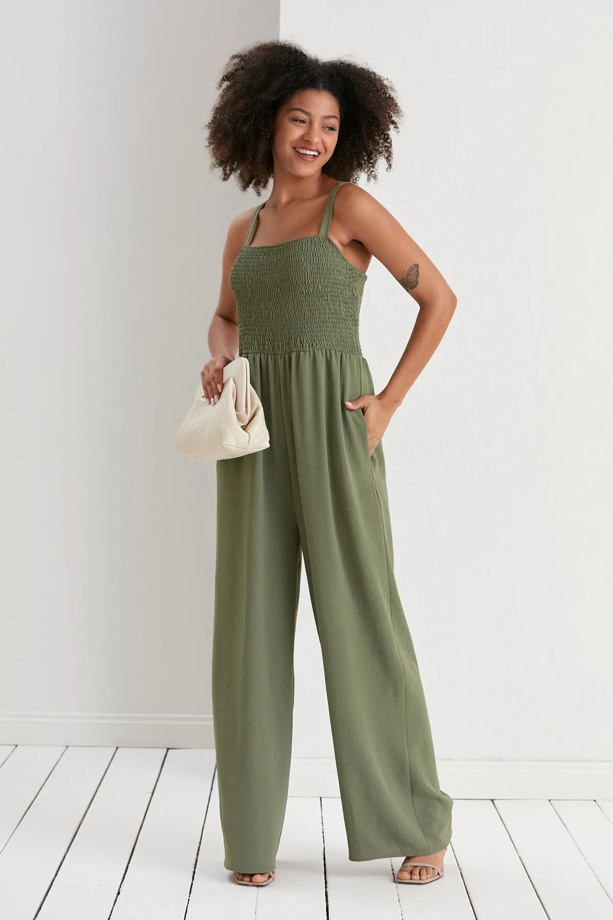 Elasticated Wide Leg Cami Jumpsuit in Khaki