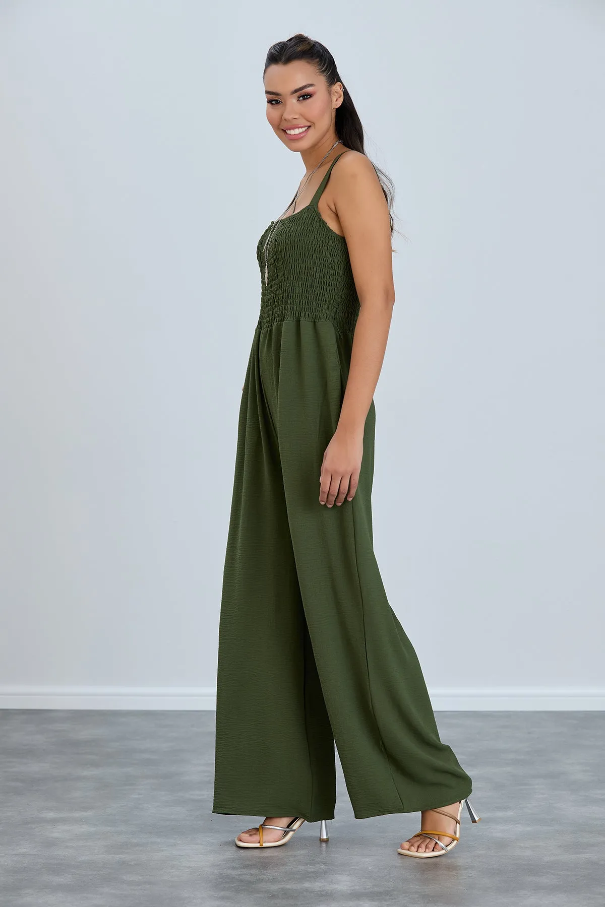 Elasticated Wide Leg Cami Jumpsuit in Khaki