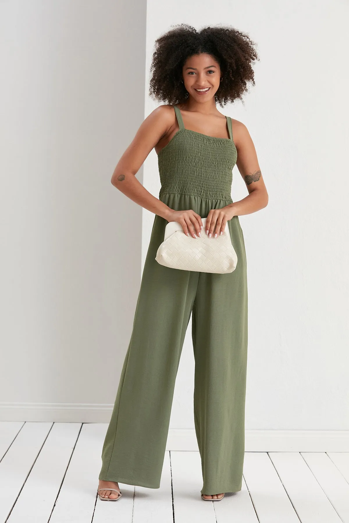 Elasticated Wide Leg Cami Jumpsuit in Khaki