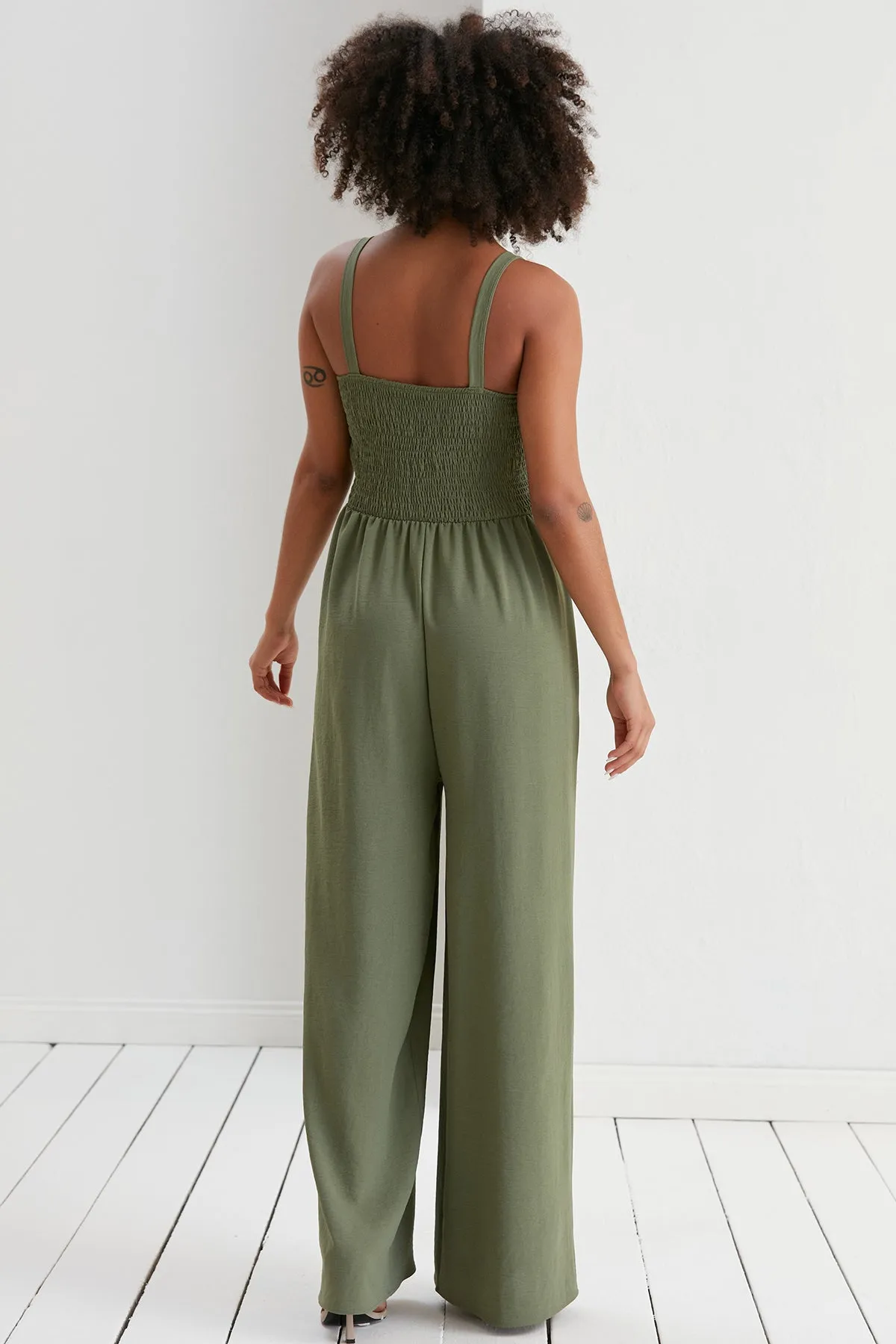Elasticated Wide Leg Cami Jumpsuit in Khaki