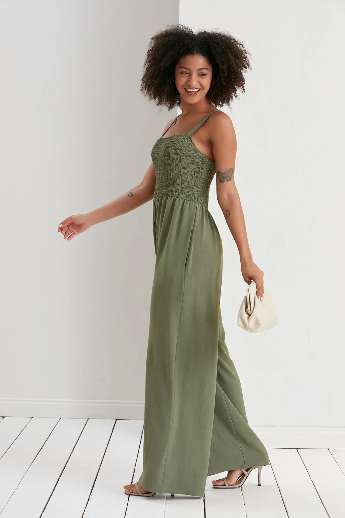 Elasticated Wide Leg Cami Jumpsuit in Khaki