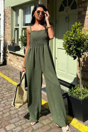 Elasticated Wide Leg Cami Jumpsuit in Khaki