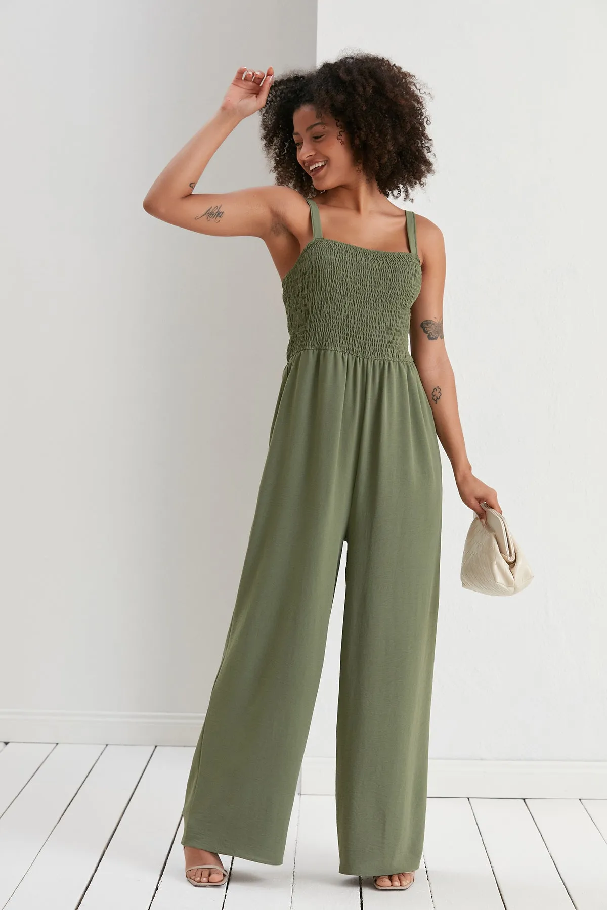 Elasticated Wide Leg Cami Jumpsuit in Khaki