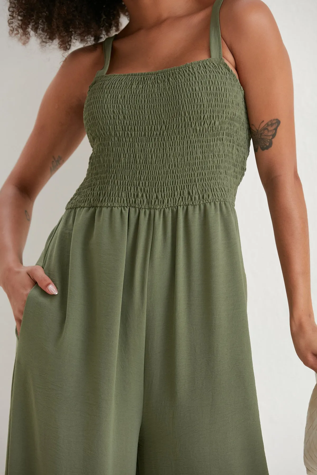 Elasticated Wide Leg Cami Jumpsuit in Khaki