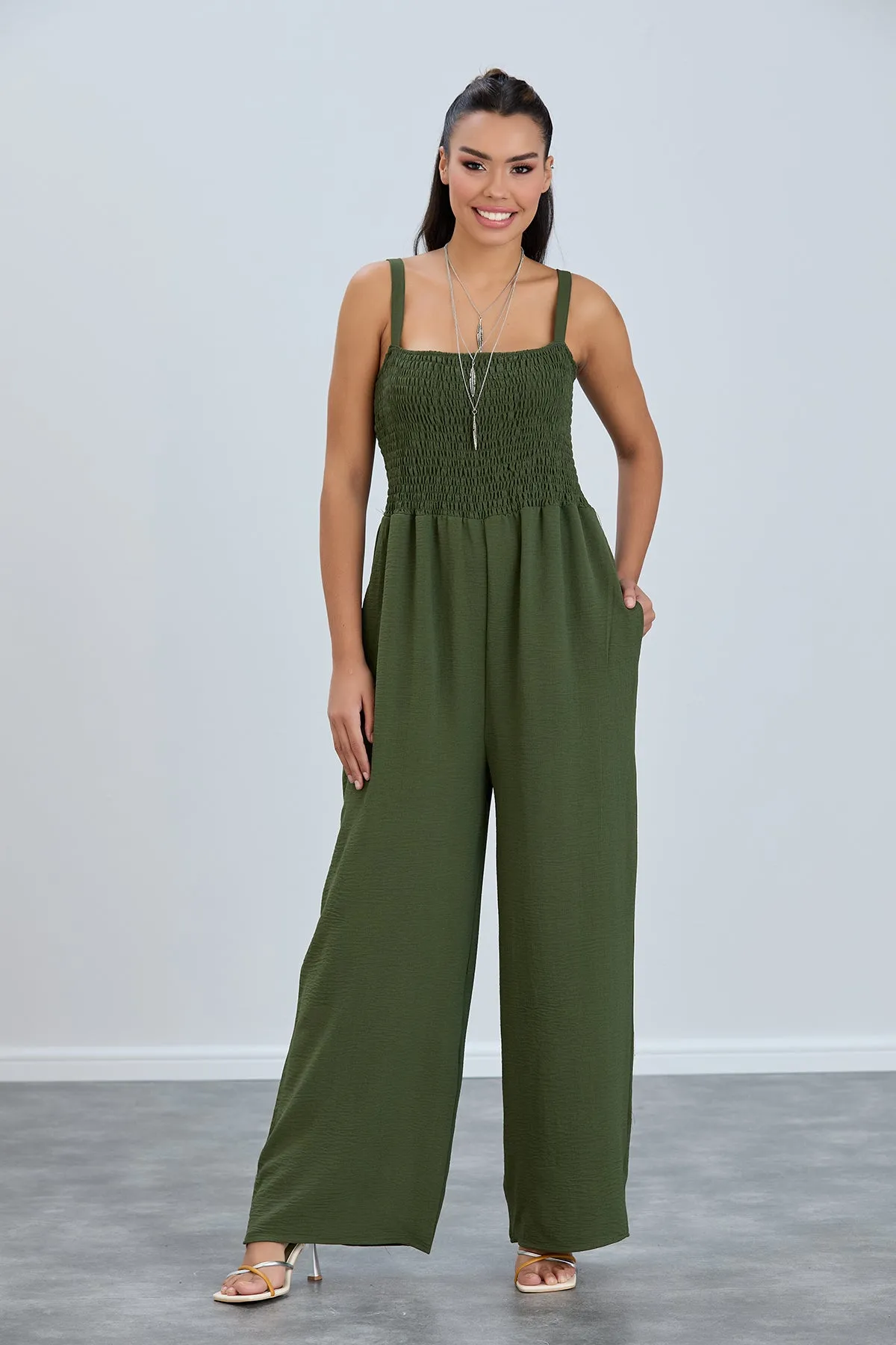 Elasticated Wide Leg Cami Jumpsuit in Khaki