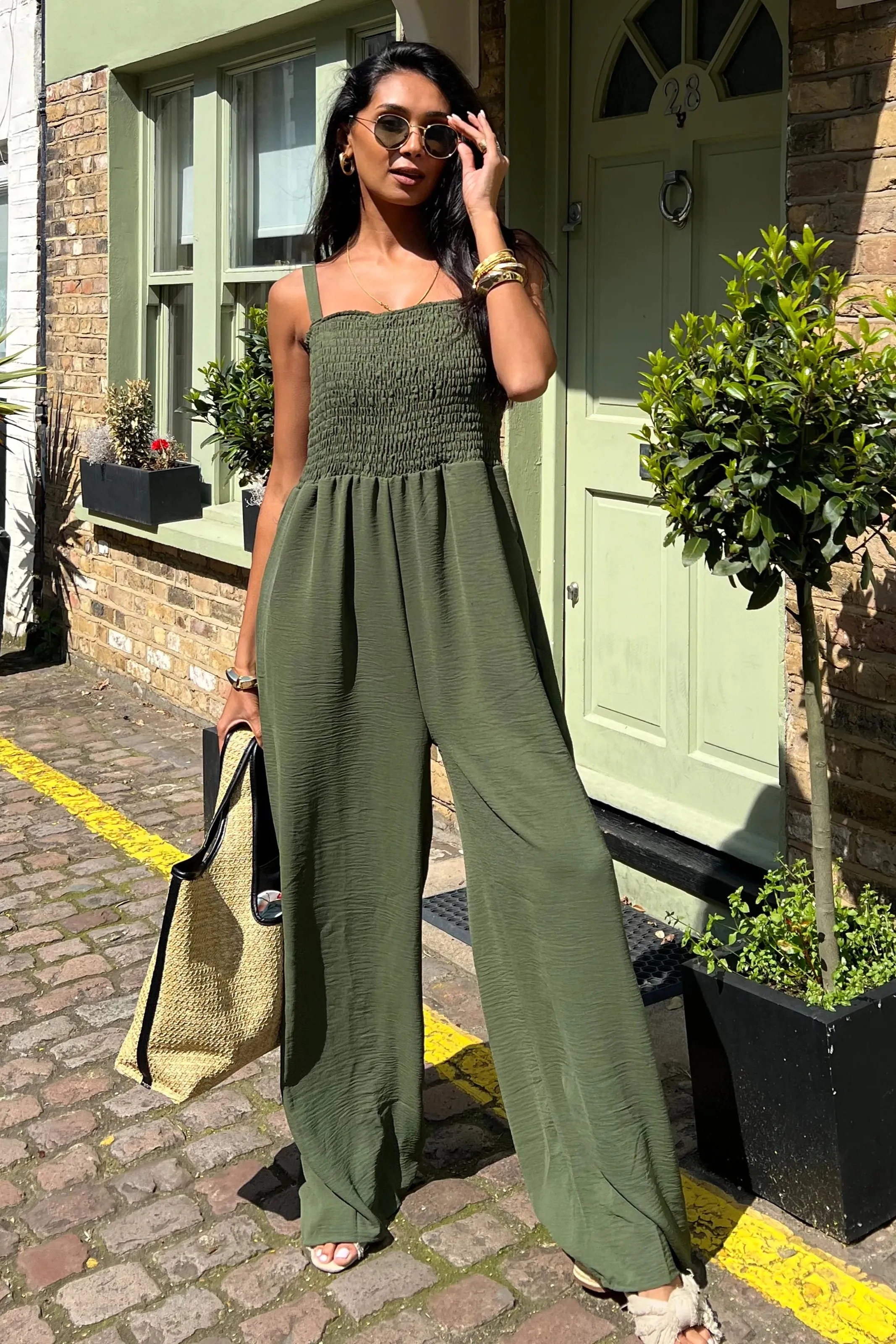 Elasticated Wide Leg Cami Jumpsuit in Khaki