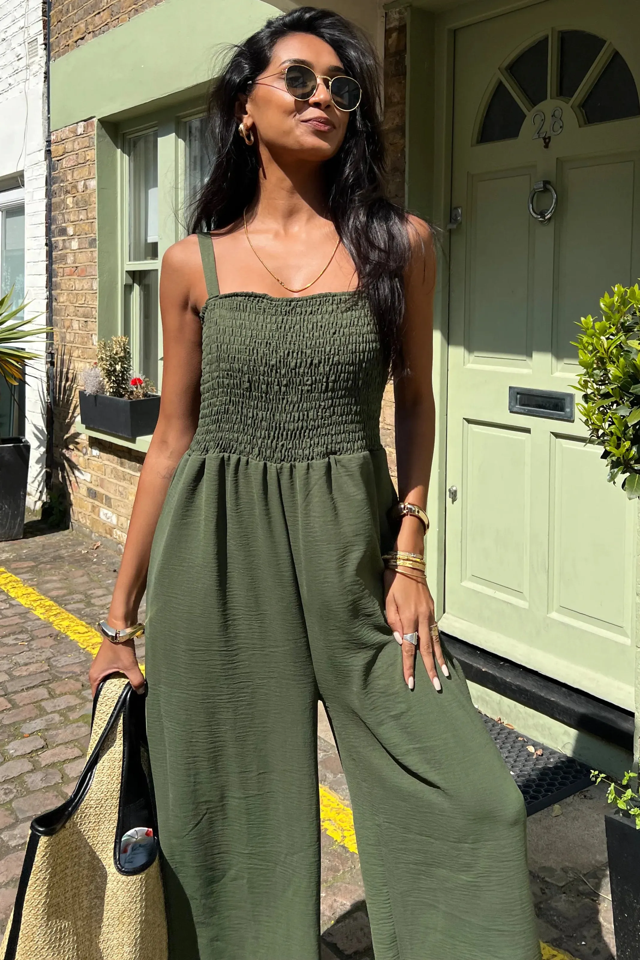 Elasticated Wide Leg Cami Jumpsuit in Khaki