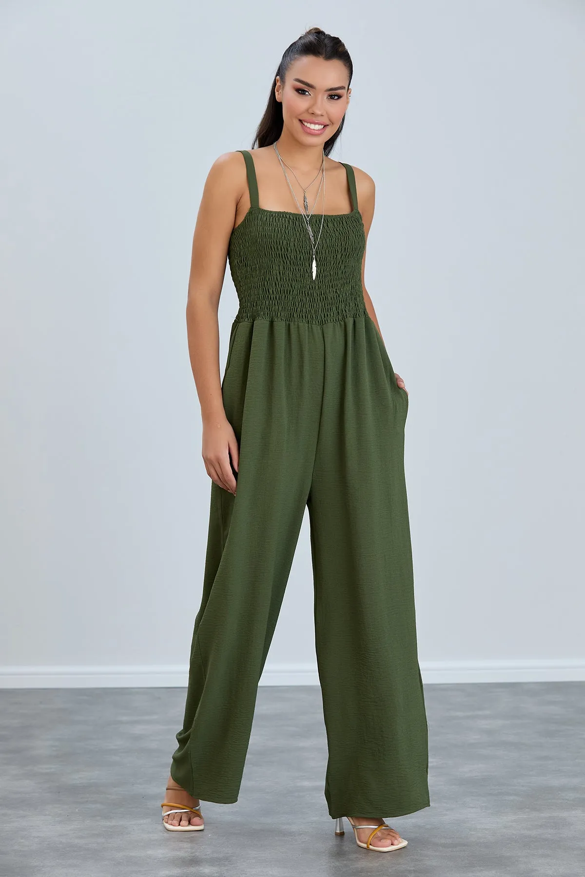 Elasticated Wide Leg Cami Jumpsuit in Khaki