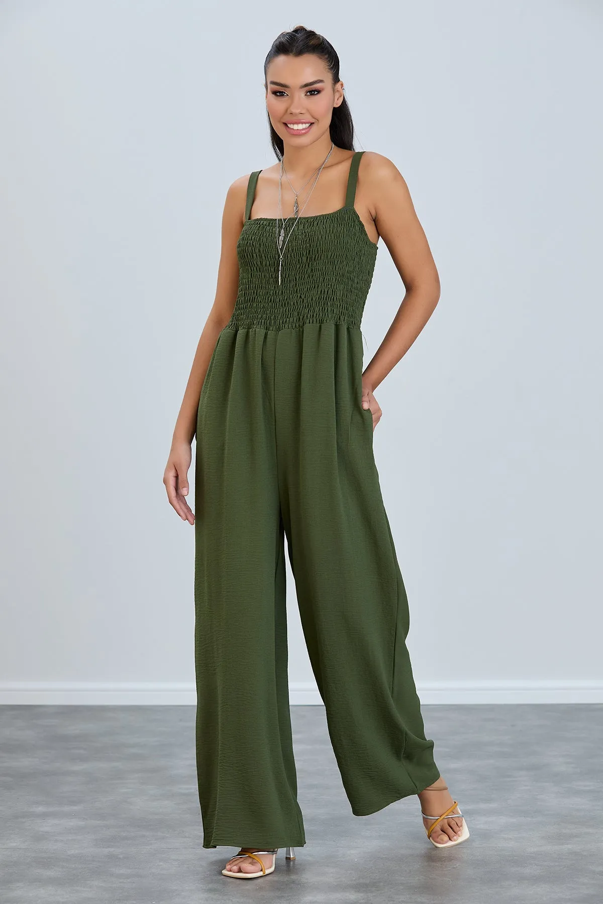 Elasticated Wide Leg Cami Jumpsuit in Khaki