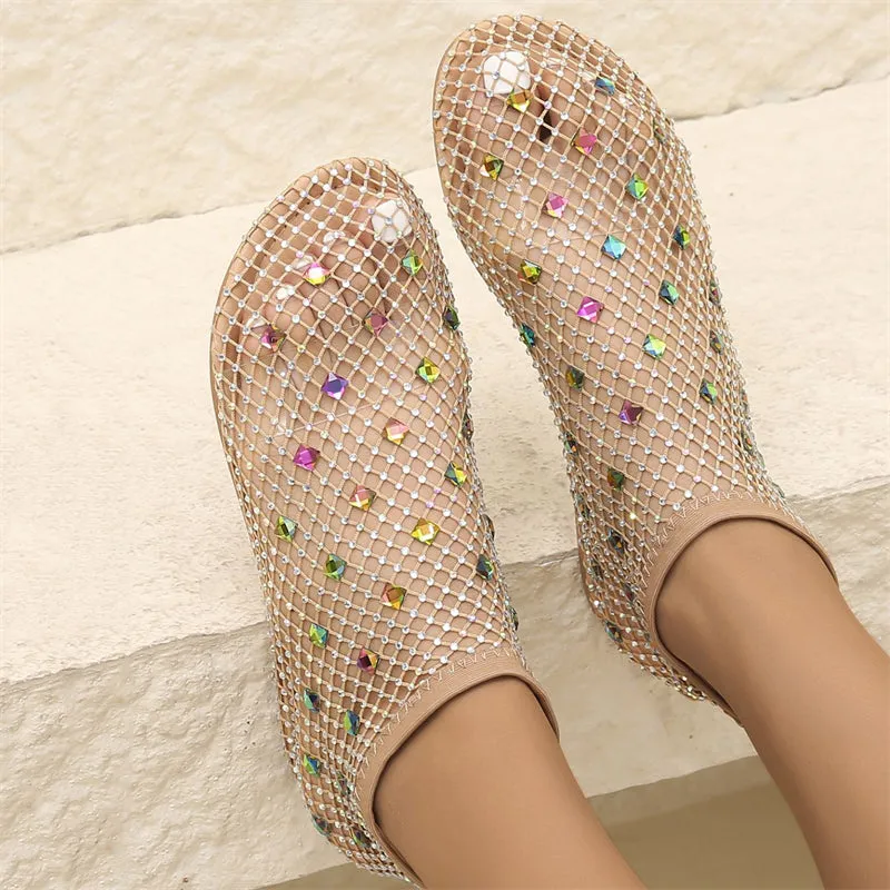 Female Breathable Hollowed Out Rhinestones Mesh Beach Sandals