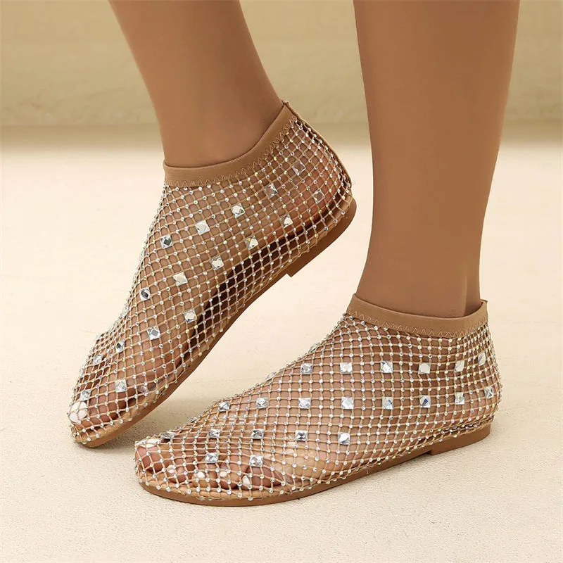 Female Breathable Hollowed Out Rhinestones Mesh Beach Sandals