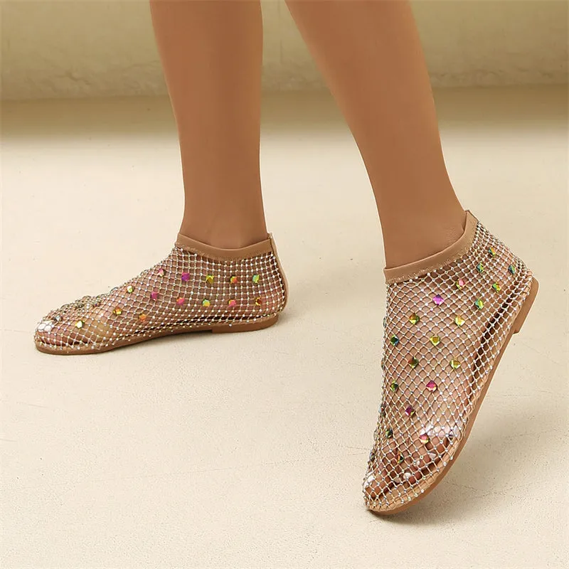 Female Breathable Hollowed Out Rhinestones Mesh Beach Sandals