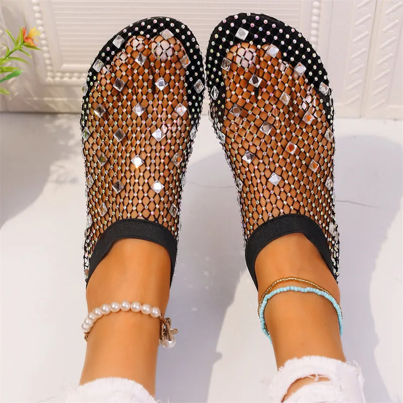 Female Breathable Hollowed Out Rhinestones Mesh Beach Sandals