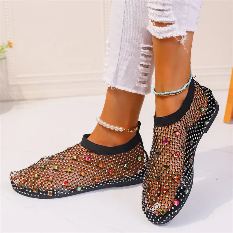 Female Breathable Hollowed Out Rhinestones Mesh Beach Sandals