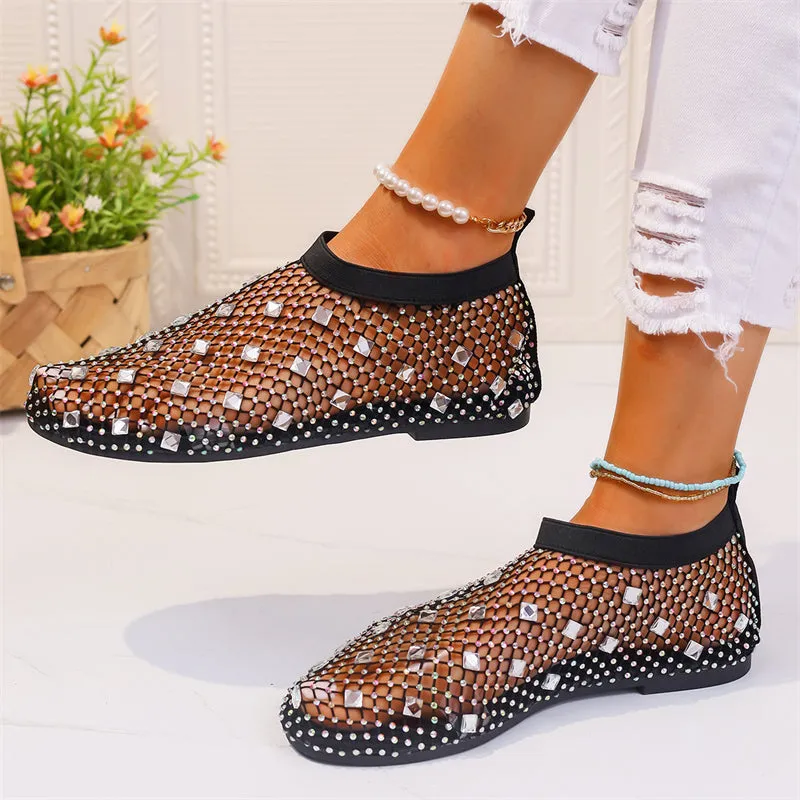 Female Breathable Hollowed Out Rhinestones Mesh Beach Sandals
