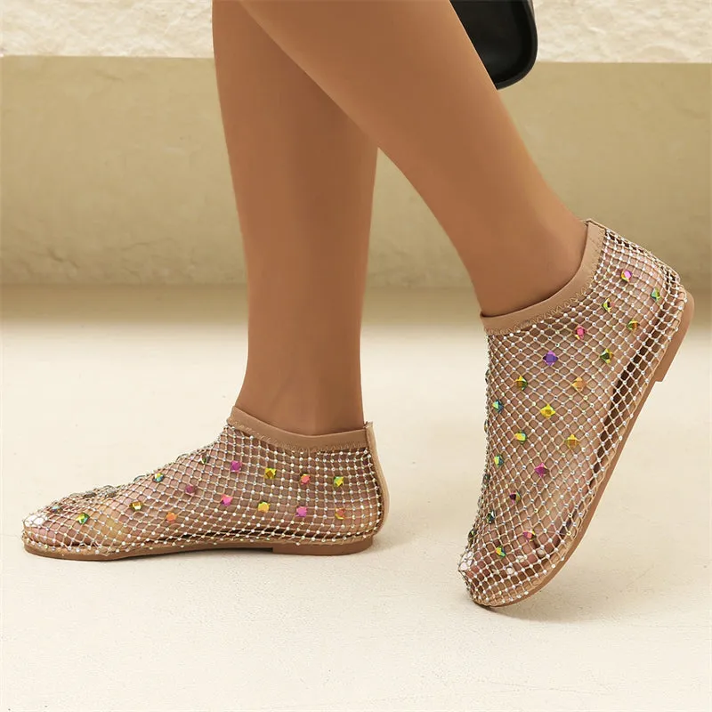 Female Breathable Hollowed Out Rhinestones Mesh Beach Sandals