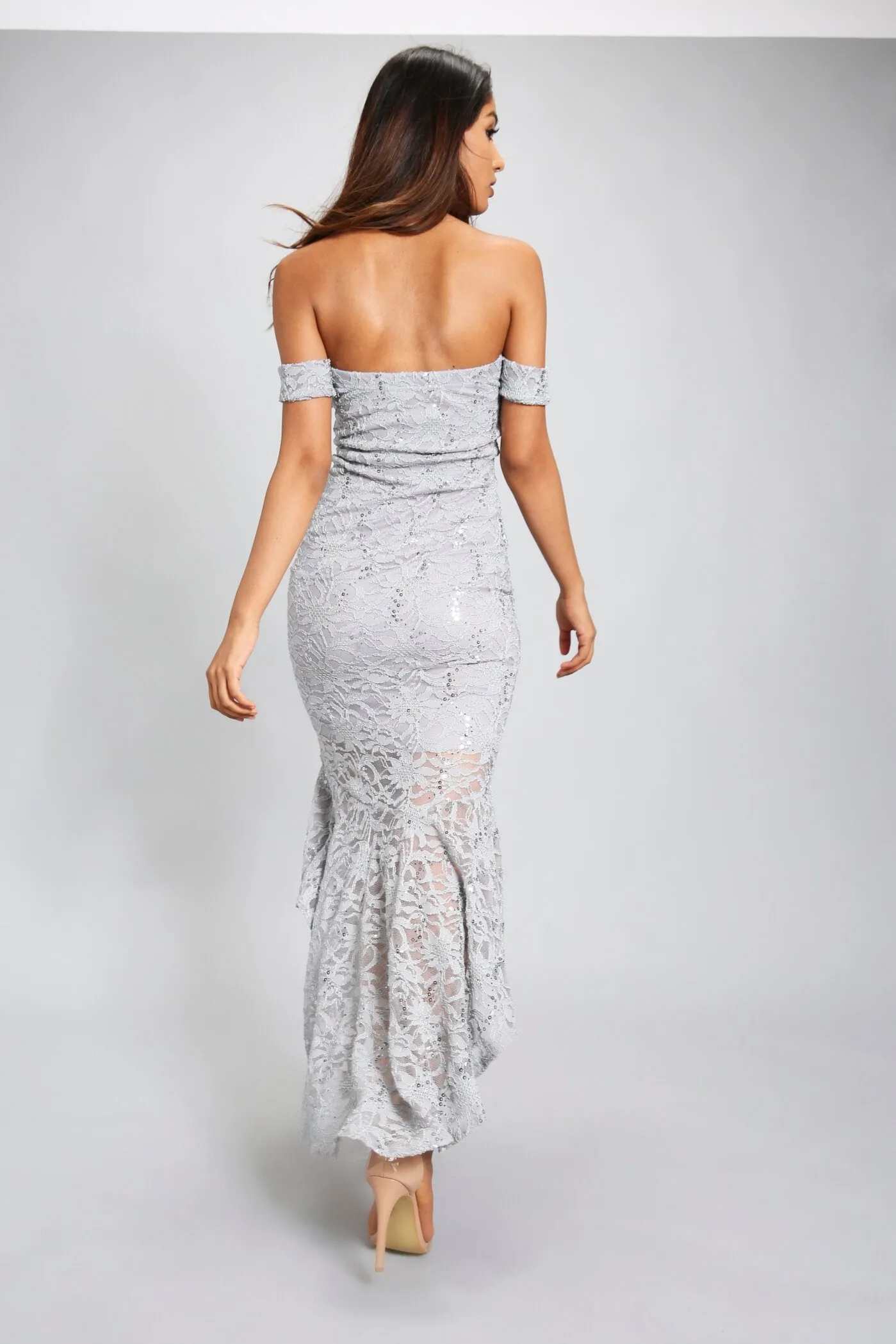 Grey Bardot Fishtail Lace Dress