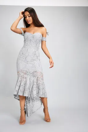Grey Bardot Fishtail Lace Dress