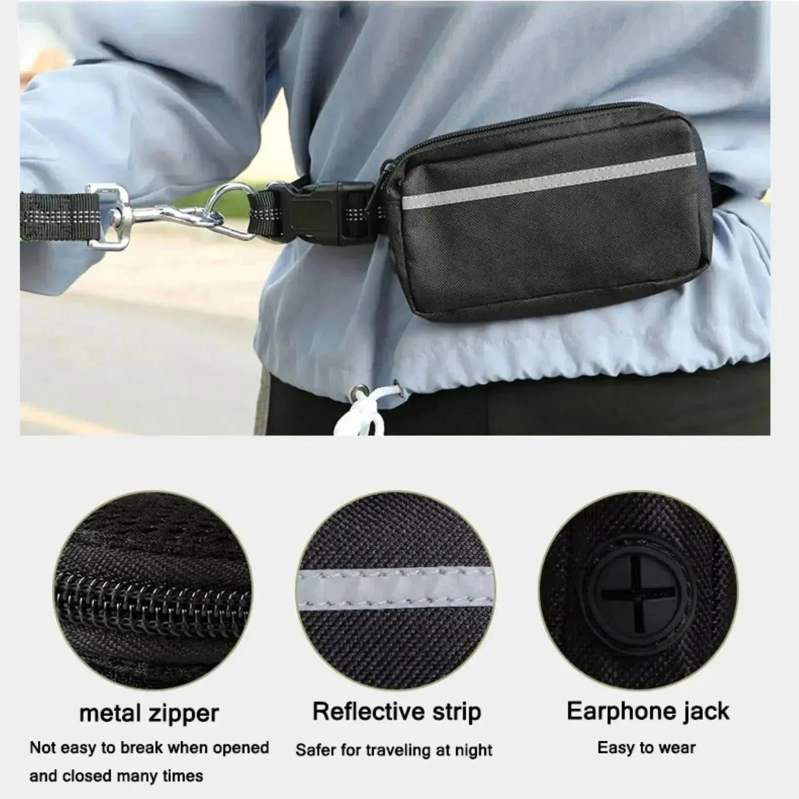Hands-Free Dog Leash with Zipper Pouch, Dual Handles, and Bungee
