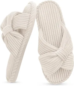 IPSAE Summer House Slippers for Woman Memory Foam Open Toe Slippers Corduroy Cross Bow Womens Slipper Slides Comfy Indoor Bedroom Slip On Shoes