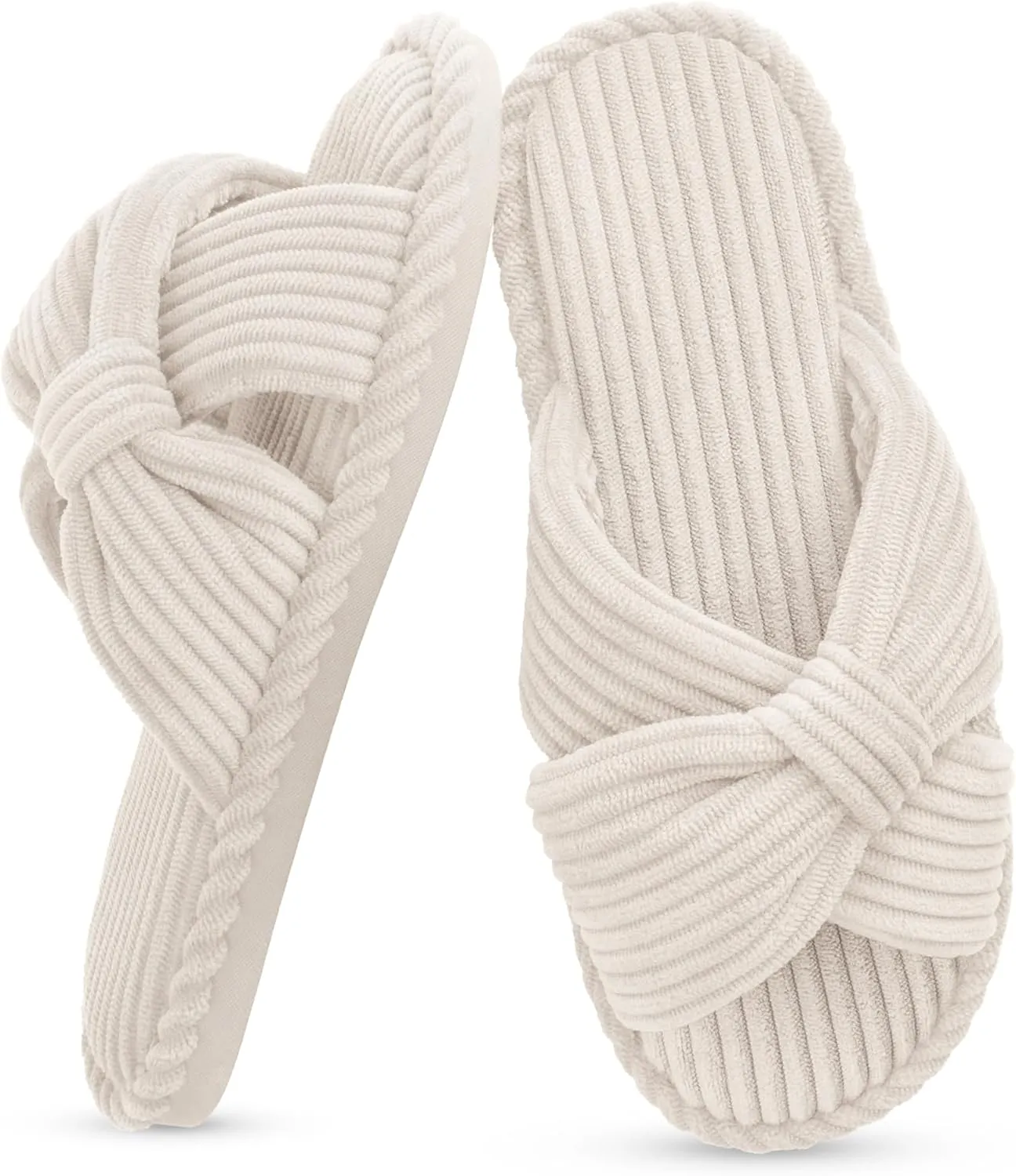IPSAE Summer House Slippers for Woman Memory Foam Open Toe Slippers Corduroy Cross Bow Womens Slipper Slides Comfy Indoor Bedroom Slip On Shoes