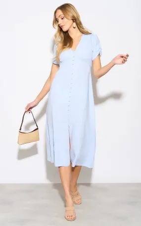 Linen Style Buttoned Shirt Midi Dress in Blue