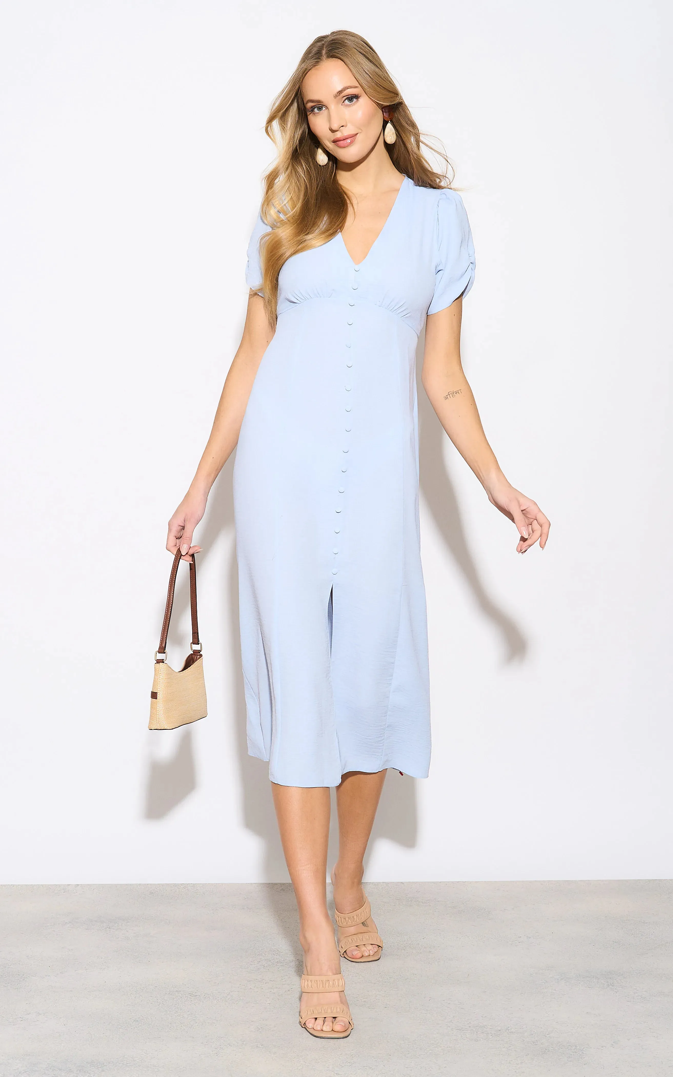 Linen Style Buttoned Shirt Midi Dress in Blue