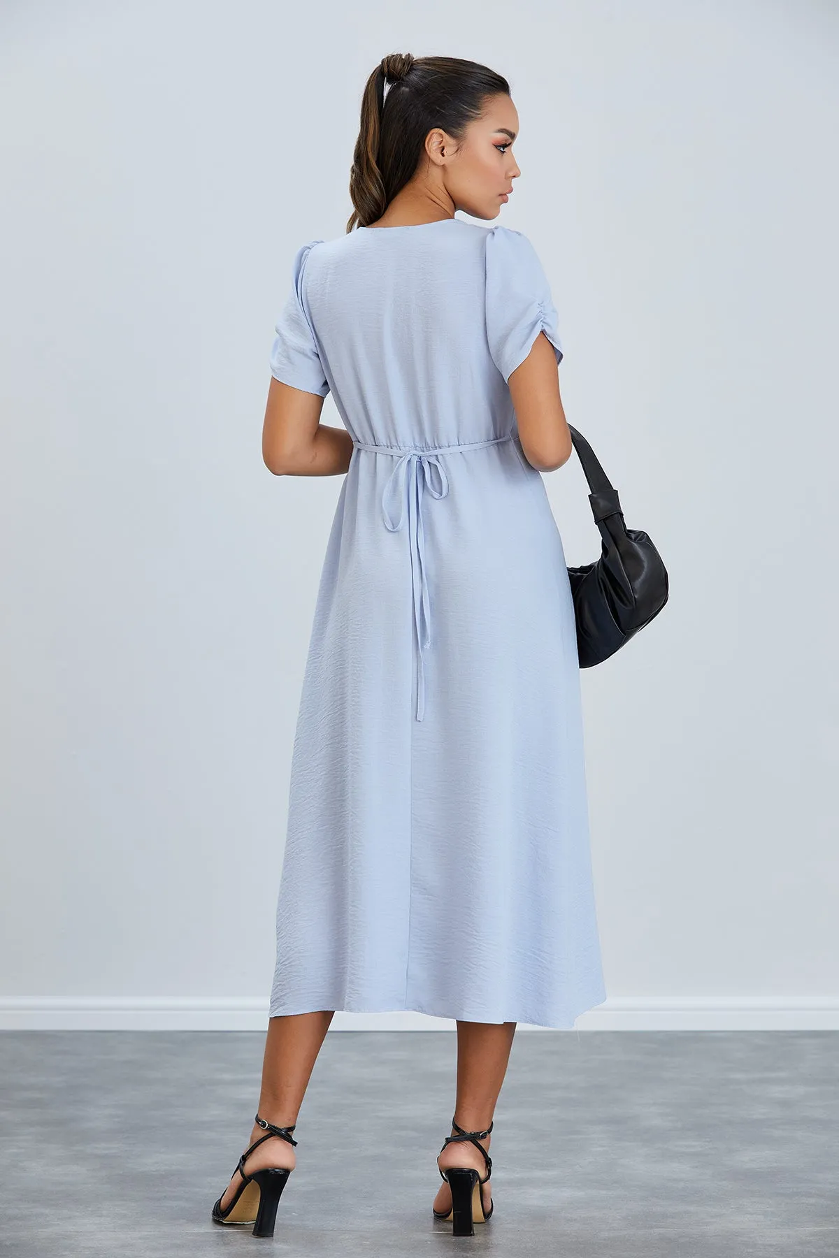 Linen Style Buttoned Shirt Midi Dress in Blue