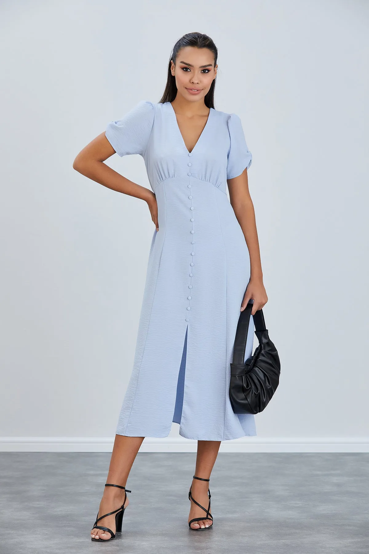 Linen Style Buttoned Shirt Midi Dress in Blue