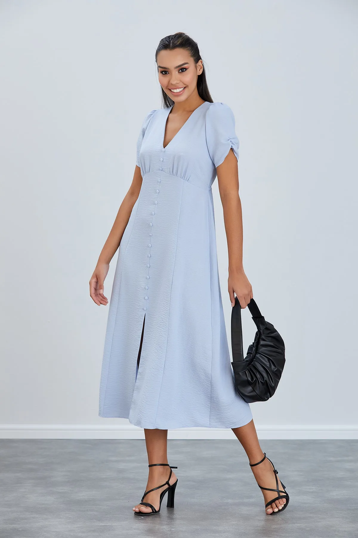 Linen Style Buttoned Shirt Midi Dress in Blue