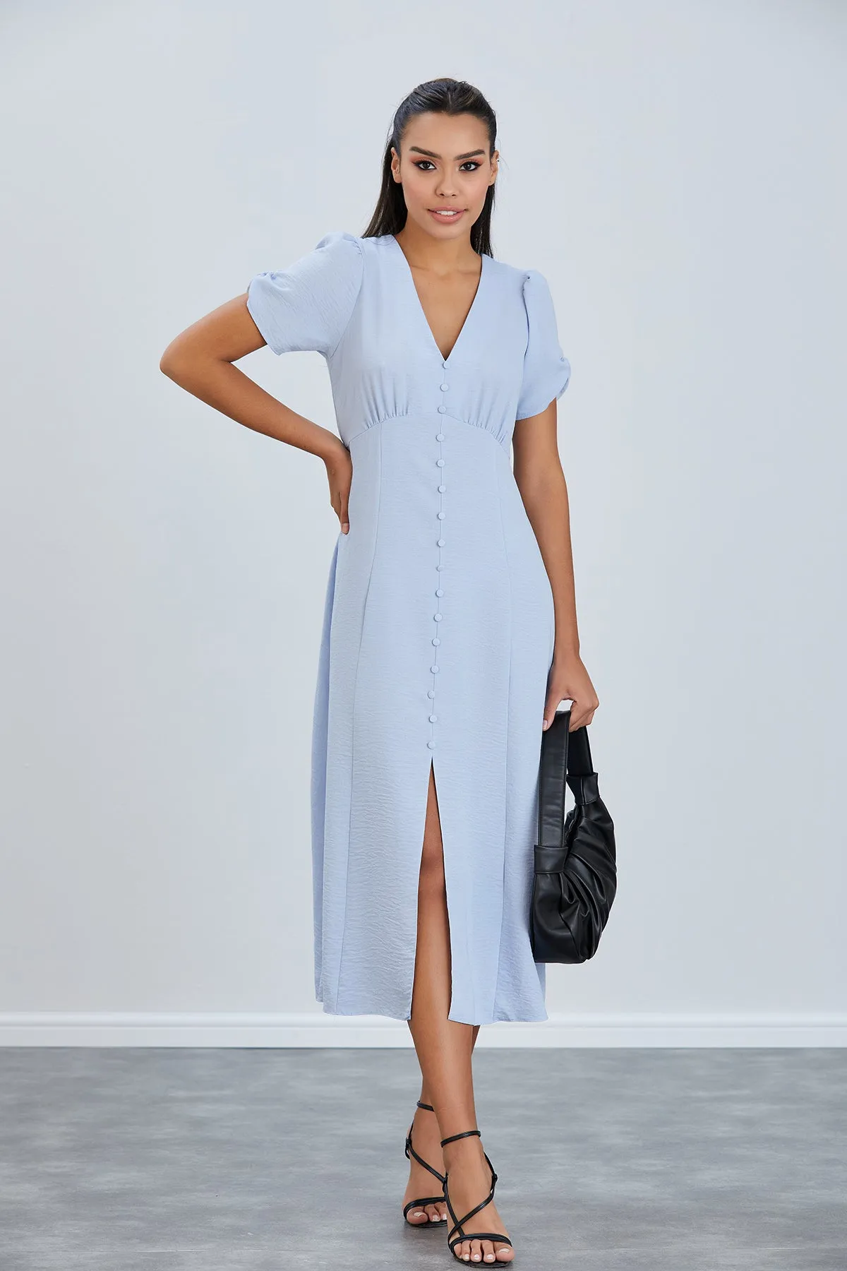 Linen Style Buttoned Shirt Midi Dress in Blue