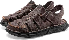 Moodeng Men's Leather Sandals Outdoor Sport Sandals Athletic Hiking Sandals Hand Sewing Comfortable Walking