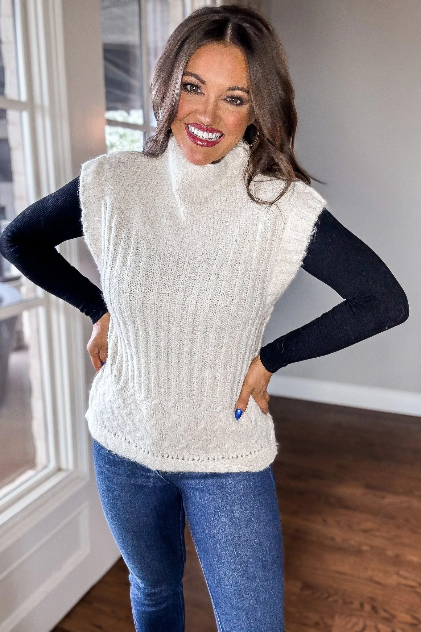Off White Turtle Neck Ribbed Sweater Vest