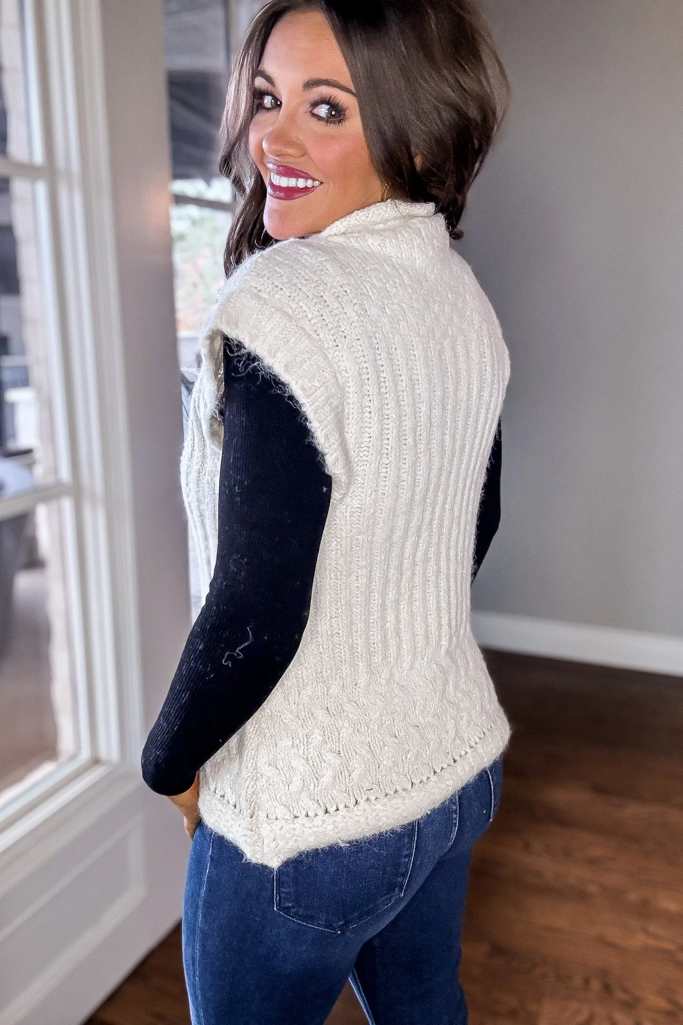 Off White Turtle Neck Ribbed Sweater Vest