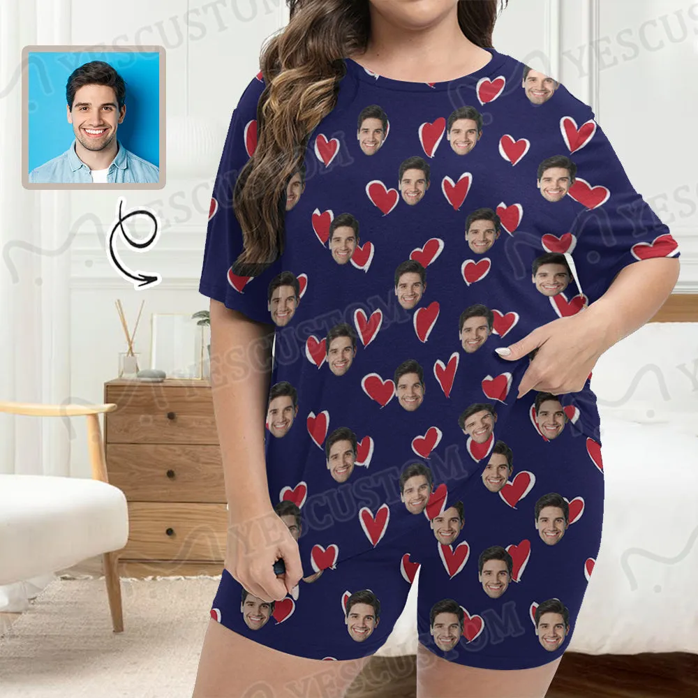 Plus Size Two-Piece Comfy Pajama Set For Women Custom Face Blue Short Sleeve Crew Neck Casual Loungewear