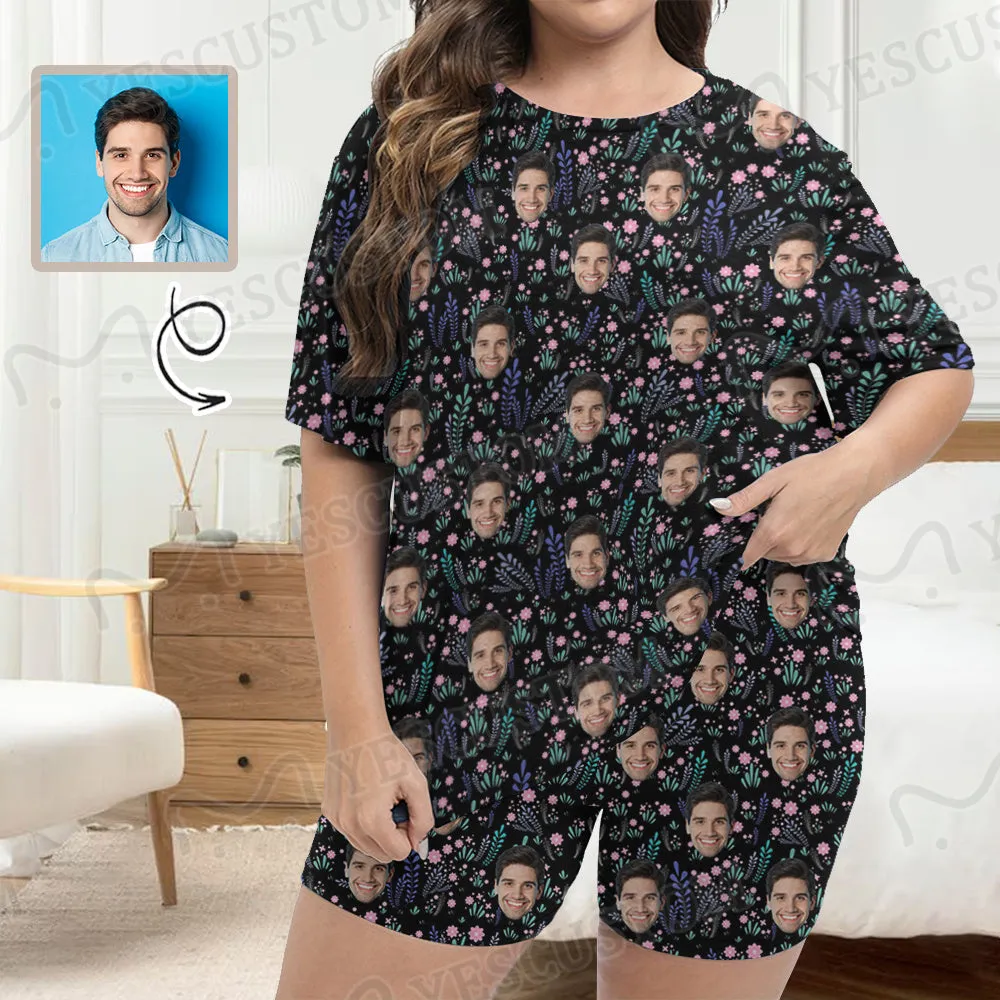 Plus Size Two-Piece Comfy Pajama Set For Women Custom Face Blue Short Sleeve Crew Neck Casual Loungewear